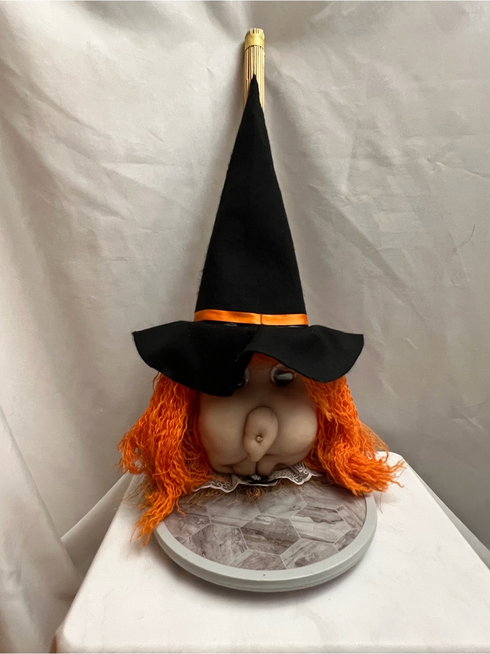 Handmade Halloween Witch Head Broom Decor Orange Hair Black Hat 24 Inch Rustic